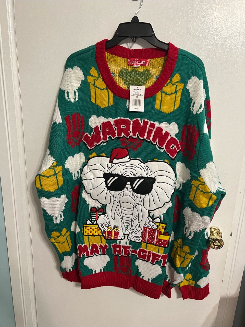 Holiday Graphic Crewneck Ugly Sweater — Green with Red Trim